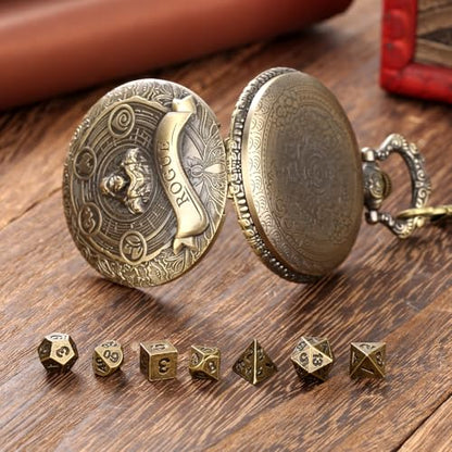 Mini DND Dice Set with Bronze Steampunk Rogue Pocket Watch Case, Tabletop Game Accessories, 7pcs Polyhedral Metal Dice, D&D Starter Set, Gifts with Dice Bag for RPG DM Gamer - color: Rogue Dice Set