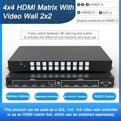 4K 4x4 Seamless HDMI Matrix Switch Video Wall Controller 4 Input 4 Output | Multi-View Display 4x4 HDMI Matrix Video Wall Processor, HDMI 2.0, 18Gbps, RS-232 and IR control，90 - 180 degrees rotation