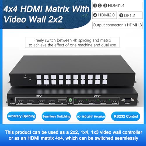 ICUIXIAN 4x4 Seamless HDMI Matrix Switch Video Wall Controller 2x2 4K | HDMI2.0, HDCP2.2,18Gbps, Rs-232, Multi-View Display 4x4 HDMI matrix video wall controller 4 input 4 output seamless switching - size: 4x4 matrix video wall