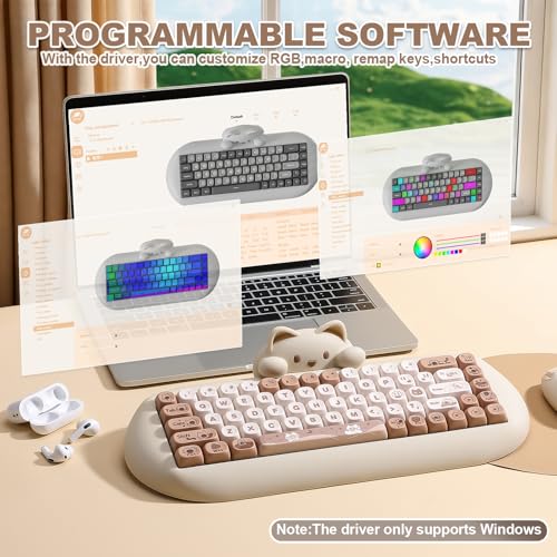 YUNZII C68 Wireless Mechanical Keyboard,65% Layout,Hot Swap,Triple Mode BT5.0/2.4G/Wired, RGB Backlit NKRO,Cute Cat Silicone Ergonomic Design for Win/Mac (Brown, Milk Switch) | Wireless Triple Mode BT5.0/2.4G/Wired, RGB Backlit NKRO, Cute Cat Silicone Erg