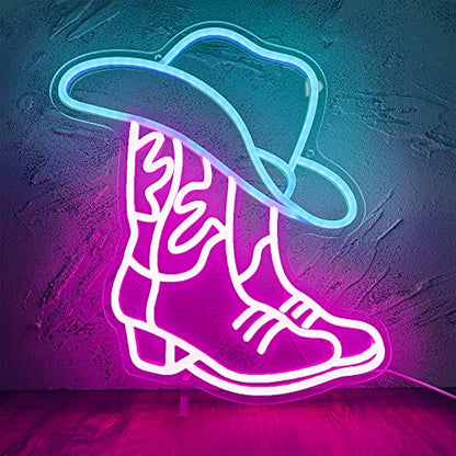 Cowboy Boot and Hat LED Neon Sign,Western Country Wall Decor for Bar, Man Cave, Garage,Pink White Aesthetic Rodeo Neon Light, Unique Christmas Birthday Gifts(13x15 in) - style: Cowboy Boot