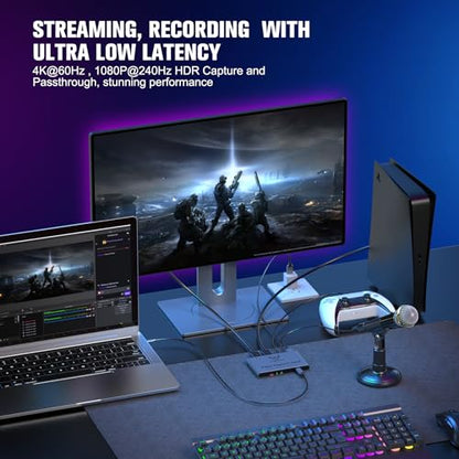 4K60Hz 1080P240Hz Video Capture Card VRR Passthrough PS5 PC | Lag-free HDR audio video recorder device with USB 3.2 fast charging and 3.5mm ports for Xbox - size: 4K 60Hz Silver