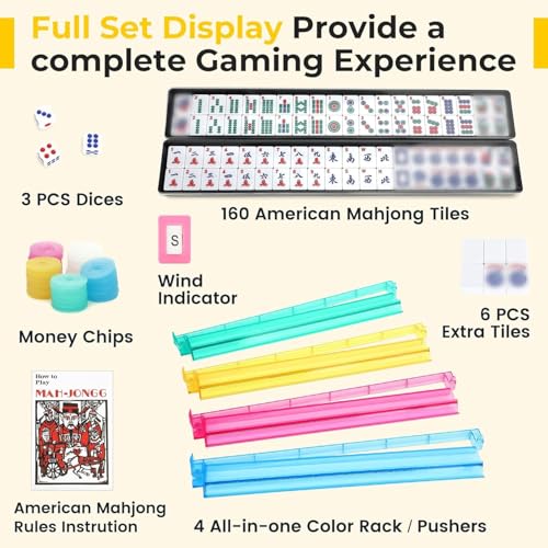 Suncle American Mahjong Tile Set,166 White Tiles Mahjong Set, 4 All-in-One Rack/Pushers,Travel Mahjong Set with Flower Carrying Bag - color: Blue White