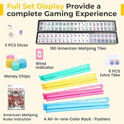 Suncle American Mahjong Tile Set,166 White Tiles Mahjong Set, 4 All-in-One Rack/Pushers,Travel Mahjong Set with Flower Carrying Bag - color: Blue White
