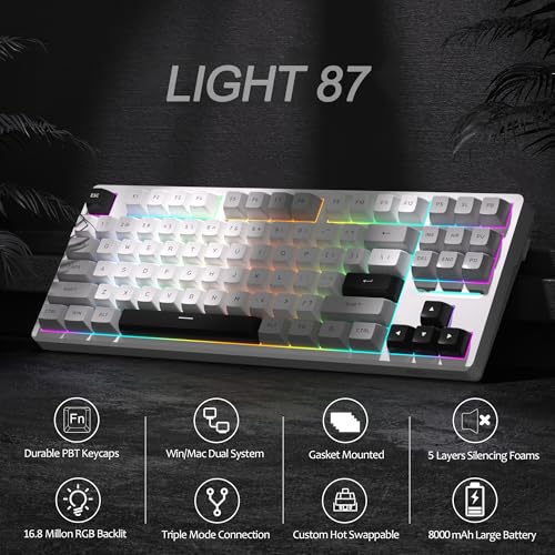 MageGee LIGHT87 Wireless Creamy Keyboard, Gasket Structure Hot Swappable Mechanical Keyboards, 2.4G/USB-C/BT5.0 RGB Backlit Gaming Keyboard for Win/Mac/PC, 8000mAh Battery, PBT Keycaps, Grey - color: White Grey/Blue Whale Switch