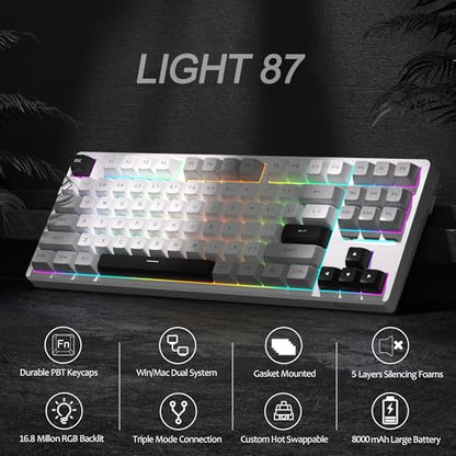 MageGee LIGHT87 Wireless Creamy Keyboard, Gasket Structure Hot Swappable Mechanical Keyboards, 2.4G/USB-C/BT5.0 RGB Backlit Gaming Keyboard for Win/Mac/PC, 8000mAh Battery, PBT Keycaps, Grey - color: White Grey/Blue Whale Switch