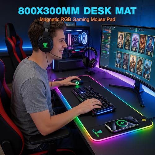 TARKARI Magnetic Wireless Charging RGB Mouse Pad, Large Gaming Desk Mat, 31.5"x11.8" Waterproof Mousepad, Ultra-Smooth Surface, Non-Slip Rubber Base, Desk Pad for Keyboard Laptop - color: Right-Side Wireless Charging Black