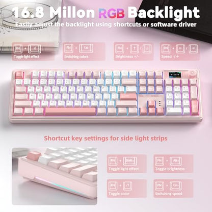 LINGBAO K108 Pro Wireless Mechanical Keyboard with Screen & Knob, Full Size Creamy Keyboard with Number Pad, 10000mAh Battery, PBT Keycaps, RGB Backlit, Hot-swappable Pink Gaming Keyboard for PC/Mac - color: White & Pink