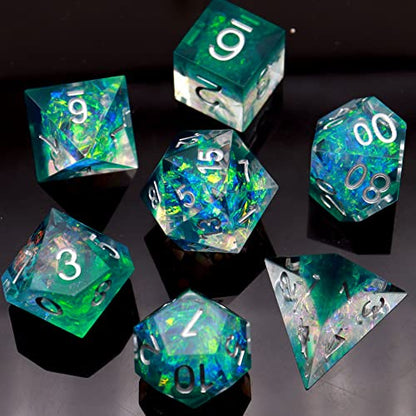 Haxtec DND Dice Set Sharp Edge Resin Dice Iridecent Inclusion with Dice Case Green D&D Dice for RPG Role Playing Games Compatible with Dungeons and Dragons Gift Galaxy Series - color: Green