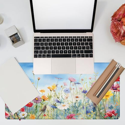 Large Gaming Mouse Pad, Colorful Wildflowers in Field Desk Mat, Watercolor Flowers Desk Pad, 31.5"x15.7" Extended Big Computer Keyboard Mouse Pad with Non-Slip Base and Stitched Edge - color: Colorful Wildflowers in Field
