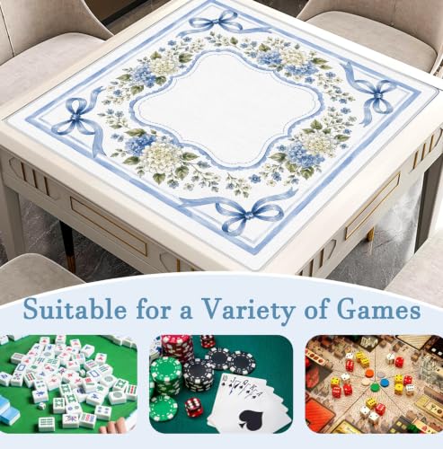 Coquette Blue Bow Hydrangea Mahjong Mat 31.5x31.5 Inch | Grandmillennial Blue and White Hydrangea Non-Slip Noise Reduction Mah Jong Table Mat Cover Gifts for Mahjong Lovers Dominoes - color: Brogan Bougainvillea