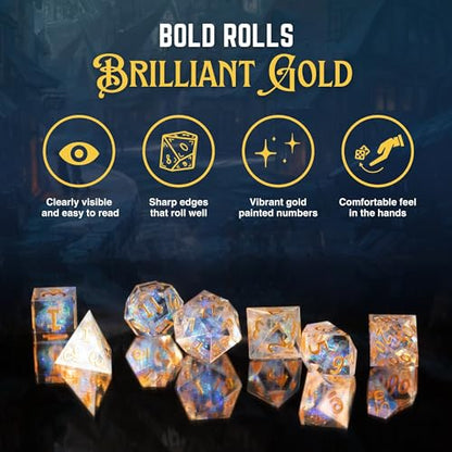 DND Dice Set 7pcs Sharp Edge Resin Polyhedral Dice for Dungeons & Dragons Bundled with Dice Pouch/Tray, and Stickers (Celestial Gleam)