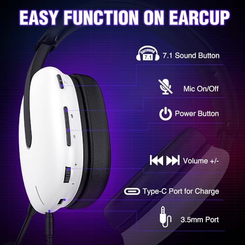 WolfLawS TA82 Wireless Gaming Headset with Detachable Noise Canceling Microphone for PS5 PS4 PC, 2.4GHz USB Gamer Headphones with 7.1 Surround Sound, Memory Foam Ear Pads - White