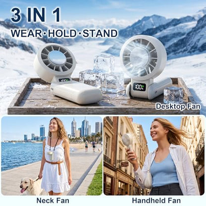 Portable Handheld Fan with Ice Cooling, 5.5m/s High Speed, Foldable Neck Fan, 5-Speed LED Display, 12H Battery, Independent Switch, Personal Fans for Travel, Concerts, Sports Events - White - color: White