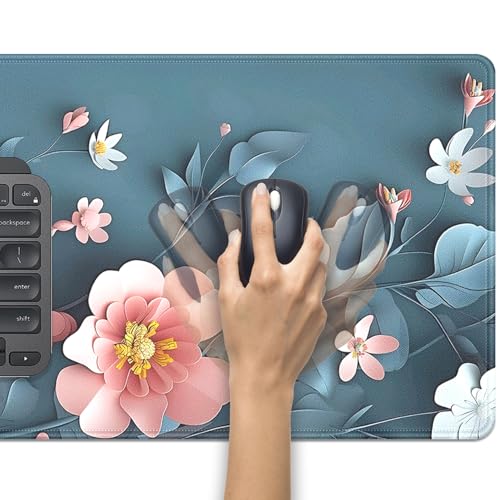 Blue Art Flowers Mouse Pad,Extended Abstract Floral Mousepad Desk Pad with Stitched Edges,Non-Slip Waterproof Rubber Base Mouse Mat for Office Computer Keyboard Laptop Home 27.5x11.8 in - color: Blue background flower