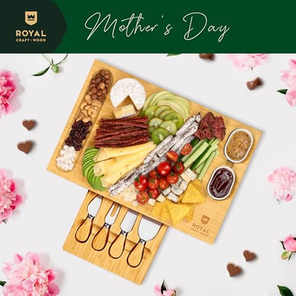 ROYAL CRAFT WOOD Bamboo Cheese Board and Knife Set with Charcuterie Board & Serving Tray with 4 Stainless Steel Knife & Thick Wooden Server with Bowls and Serveware Accessories - style: 1-4 Guests