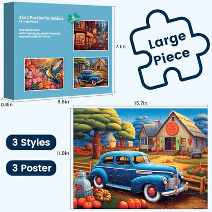 3 Pack 48 Large Piece Puzzle for Seniors Puzzles Dementia Alzheimer's Products and Activities for Elderly Large Piece Puzzles Alzheimer's Easy Puzzles Gift Memory Games for Patients, 3 Storage Bag - style: 48 Large Pieces