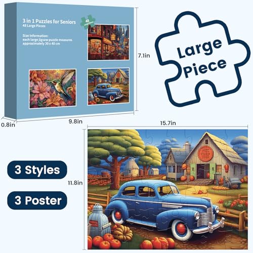 3 Pack 48 Large Piece Puzzle for Seniors Hummingbird Dementia Puzzles | Alzheimer's Products and Activities for Elderly Large Piece Puzzles Alzheimer's Easy Puzzles Gift Memory Games for Patients - style: 48 Large Pieces