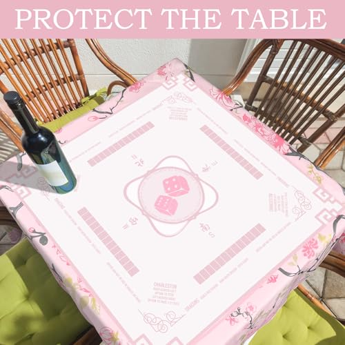 Oudain Chinoiserie Mahjong Tablecloth Florals Card Table Cloth 55x 55 Inch Square Tablecloth Game Table Cover with Game Rules for Mahjong Beginners, Card, Board Tile Games (Pink and Green) - color: Pink and Green