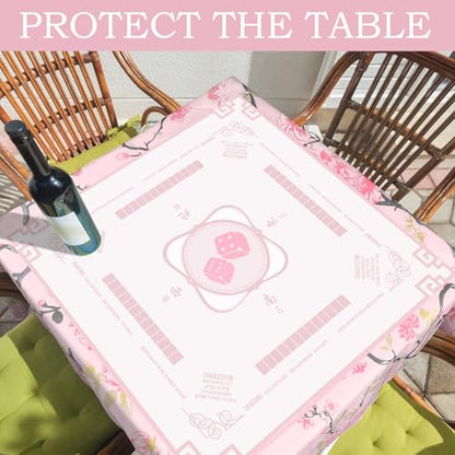 Oudain Chinoiserie Mahjong Tablecloth Florals Card Table Cloth 55x 55 Inch Square Tablecloth Game Table Cover with Game Rules for Mahjong Beginners, Card, Board Tile Games (Pink and Green) - color: Pink and Green