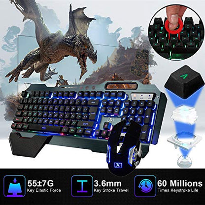 Wireless Gaming Keyboard and Mouse,Rainbow Backlit Rechargeable Keyboard Mouse with 3800mAh Battery Metal Panel,Removable Hand Rest Mechanical Feel Keyboard and 7 Color Gaming Mute Mice for PC Gamers - color: Black Rainbow