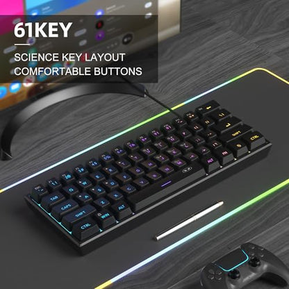 MageGee Mini 60% Gaming Keyboard, RGB Backlit 61 Key Ultra-Compact Keyboard, TS91 Ergonomic Waterproof Mechanical Feeling Office Computer Keyboards for PC, MAC, PS4, Xbox ONE Gamer(Black) - color: Black