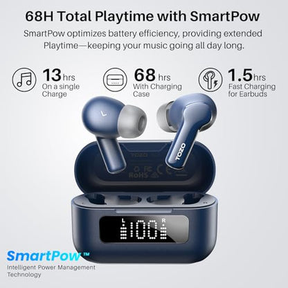 TOZO Hybrid Active Noise Cancelling Wireless Earbuds 6 Mics AI Clear Call | 68H Playtime LED Display 32 Preset EQs App Bluetooth 5.3 IPX8 Waterproof Ear Buds - color: Blue