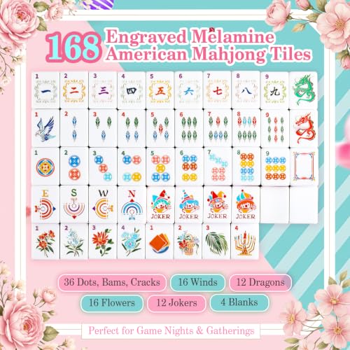 Pink American Mahjong Set, 168 Melamine Tiles | Includes 168 Mahjong tiles with 12 jokers and a gift box. Portable for game nights, weekly clubs and gifting. - color: Pink