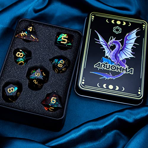 ARUOHHA DND Resin Dice Set 7Pcs Handmade Glitter Inclusions Sharp Edge Dragons Dice with Box, Role Playing Game RPG Lightning Polyhedral Dungeons D and D Dice Set - color: Orange Green