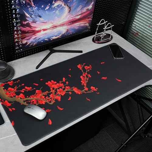 GMKWTL Large Gaming Mouse Pad for Desk, Black Plum Blossoms XXL Mouse Pad, 35.4x15.7 Inch, Waterproof, Non-Slip Rubber Base - color: Plum Blossoms