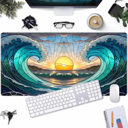 YKJWW Beach Sunset Desk Pad Cute Large Mouse Keyboard Desk Mat, Aesthetic Cute Gaming Desk Keyboard Mats for Desk Mat, Faux Stained Glass Sunset Mousepad Southwest Landscape Desk Pad 31.5x15.7 in - color: Blue Beach