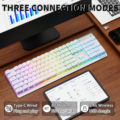 ZIYOU LANG M104 RGB Wireless Keyboard, Low-Profile Silent Membrane Keys, 2.4G Bluetooth USB Wired, Spill-Resistant, Rechargeable Full-Size 104-Key Keyboard for PC Mac, White - color: White