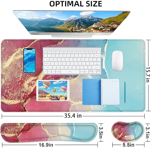 LATEEFAH Large Mouse Pad and Keyboard Wrist Rest, Desk Pad for Keyboard and Mouse, Extended Gaming Mouse Pad with Wrist Support, Waterproof Non-Slip Desk Mouse Mat for Office, Home - color: 4Pcs-Blue & Red Marble