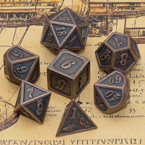 Metal Dice Set, HNCCESG Polyhedral D&D Dice for Dungeons and Dragons RPG DND Dice for Role Playing MTG Tabletop Gaming Shadowrun Pathfinder 7PCS D20 D12 D10 D8 D6 D4（Antique Copper） - color: Antique Copper