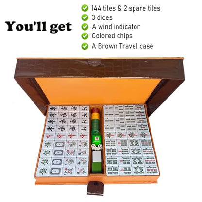 Mahjong Set,Chinese Mahjong Game Set with Carrying Travel Case, 1.5'' Large 146 Tiles with Arabic Numerals, 3 Dices, A Wind Indicator, A Set of Chips, Mah Jongg Set - color: Green-a