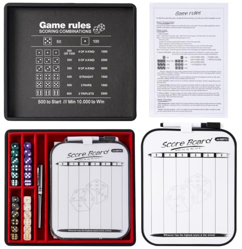 Dice Tray and Storage Case for Farkle Game - Includes Embedded Scoring Combinations, 4 Sets of 6 Pearl Dice, 50 Sheet Score Pad and Pen Holder for The Classic Family Game - Red and Black - color: Red and Black