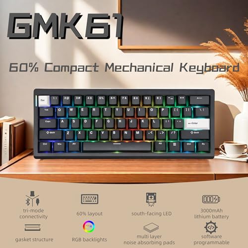 GMK61 60% Mechanical Keyboard,Tri-Mode PBT Keycaps Linear Switches 61 Keys,South-Facing RGB Gasket Mounted Plate Gaming Keyboard for Win/MAC (Black, Brown Switch)