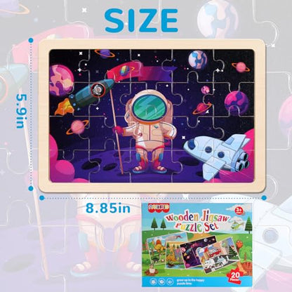 Wooden Puzzles Toys for Kids Ages 3-5, Set of 4 Packs Dinosaur, Space, Transportation Wood Puzzles, Preschool Brain Teaser Toys for Boys and Girls 3 4 5 6 Years Old - color: Mixed Styles a