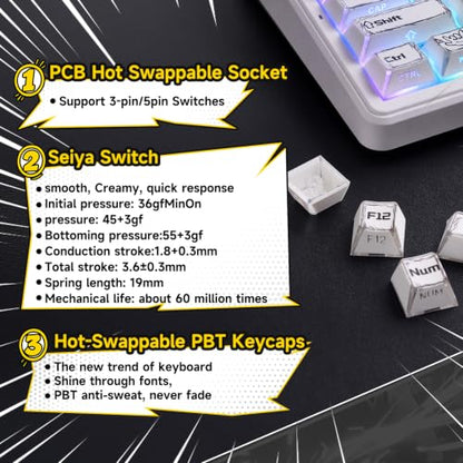 LEOBOG X Aula Wireless Mechanical Keyboard 8000mAh Creamy Gaming Keyboards | Aula F99 Pro Multifunction Metal Knob,Hot Swappable Custom,RGB Backlit,Tri-Mode BT/USB-C/2.4GHz Connect,PBT Keycaps,Full Size - color: White Comics