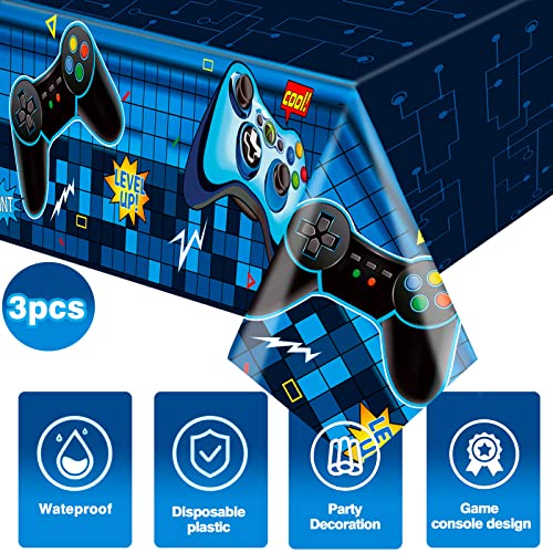 Video Game Rectangular Tablecloth, 3 Pcs Blue PE Plastic Disposable, 54'' x 108'', for Boys Gamer Birthday Party Decorations | Disposable PE plastic covers for boys' gamer birthdays, arcade parties, e-sports events, game rooms, and outdoor picnics