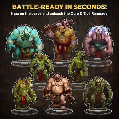 Skinny Minis Ogres & Trolls Miniatures for RPG Tabletop Games, 8 Large Flat Minis with Bases, 5e & Pathfinder Monster Minis, D&D Compatible, 2D Miniatures for TTRPG