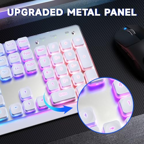 Free wolf M104 Wireless Gaming Keyboard with Numeric Keypad Tri-Mode(2.4Ghz/Wired/Bluetooth) Membrane Full Size Mechanical Feel Metal Panel RGB 4000MAH Rechargeable Quiet for PC/MAC/Win Gamer-White - color: White