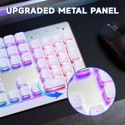 Free wolf M104 Wireless Gaming Keyboard with Numeric Keypad Tri-Mode(2.4Ghz/Wired/Bluetooth) Membrane Full Size Mechanical Feel Metal Panel RGB 4000MAH Rechargeable Quiet for PC/MAC/Win Gamer-White - color: White