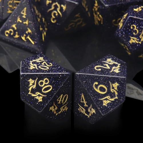 Haxtec Gemstone DND Dice Set Blue Sandstone Precious Gemstone Dice Set Compatible with Dungeons and Dragons TTRPG Gifts for Dungeons Masters Premium Dice Case DND Gifts - color: Dark Blue Gold