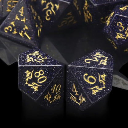 Haxtec Gemstone DND Dice Set Blue Sandstone Precious Gemstone Dice Set Compatible with Dungeons and Dragons TTRPG Gifts for Dungeons Masters Premium Dice Case DND Gifts - color: Dark Blue Gold