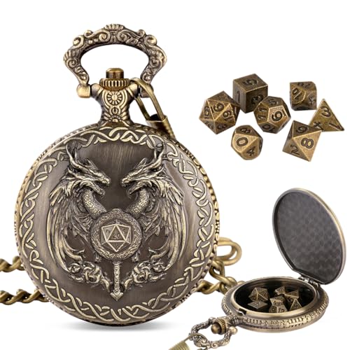 Mini DND Dice Set with Wand and Double Dragon Head Pocket Watch Shell Case, DND Starter Set, 7pcs Polyhedral Mini Metal Dice Set, D&D Gifts with Gift Bag, Role Playing Board Game Accessories, Bronze - color: Bronze