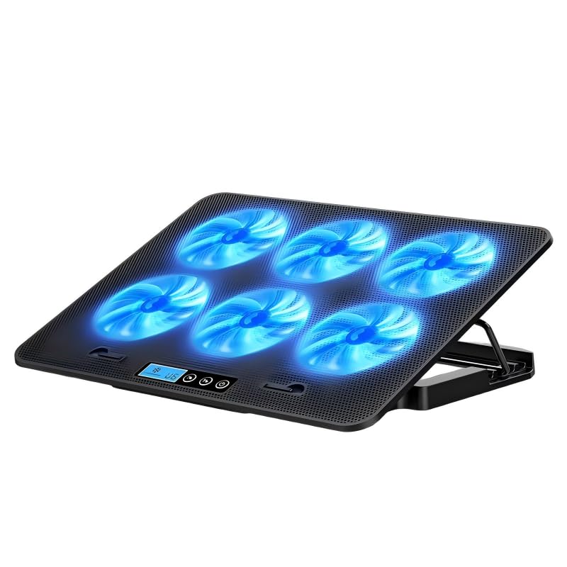 Laptop Cooling Pad 6 Fans RGB LED Adjustable Stand 12-17" Gaming | 6 fans 2400 RPM, RGB lights, adjustable speed, phone holder, metal mesh, dual USB, fits 12-17", 35-70 CFM cooling power - color: Black Premium Edition (with speed control, thicken