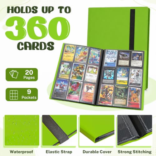 Trading Card Binder, 9 Pocket 20 Pages 360 Cards, Collector Album, Card Folder for Collectible Games, Sports, MTG, TCG (Apple Green) - color: Apple Green
