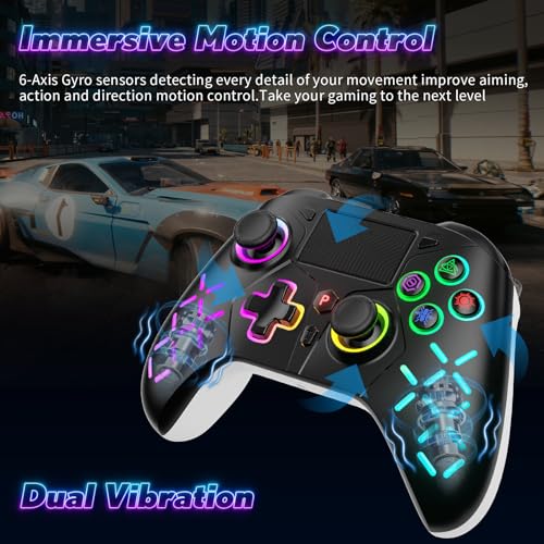 LED Wireless Controller for 4, RGB Lighting Gamepad for 4 Slim/Pro with Turbo/6-Axis Motion Sensor/1200mAh Battery/3.5mm Audio Jack - Black - color: RGB Black