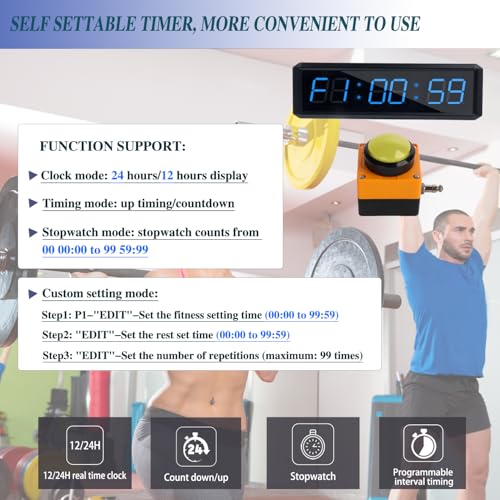 Fitness Timer with Stopwatch Button, Suitable for School/exam/Home Exercise/Gym/Gym SMAHEAT Electronic Fitness Timer (1.5 inch six-bit All-Blue) - color: 1.5 Inch Six-bit All-blue